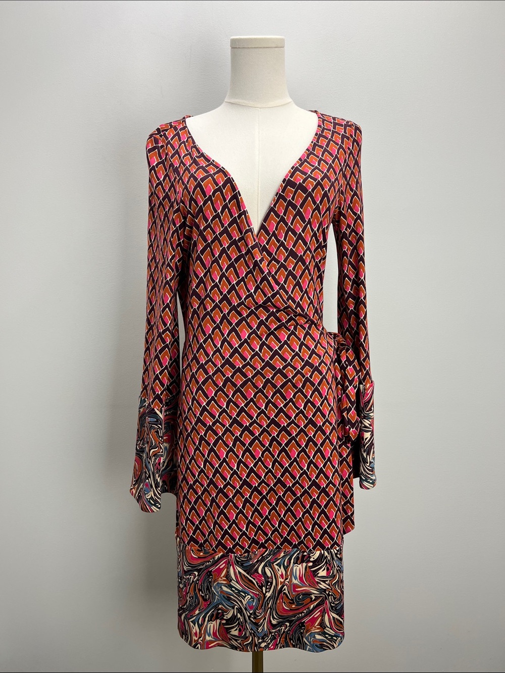 Diane Von Furstenberg Silk Wrap Dress DVF Ikat Patterned Long Sleeve Womens 12